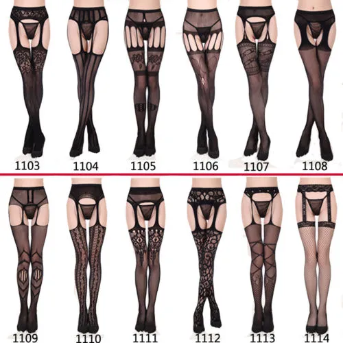 Women Sheer Stocking, Fashionable Patterns Hollow Crotch High Waist Thigh-Highs Stockings & Garter Belt Suspender Outfit