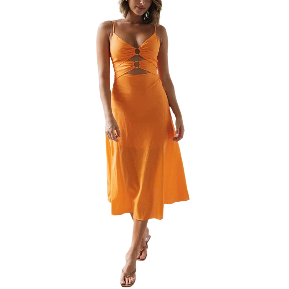 Women Sheath Dress, Solid Color Deep V-neck Sleeveless Hollow Out Long Skirt, Blue/ Orange