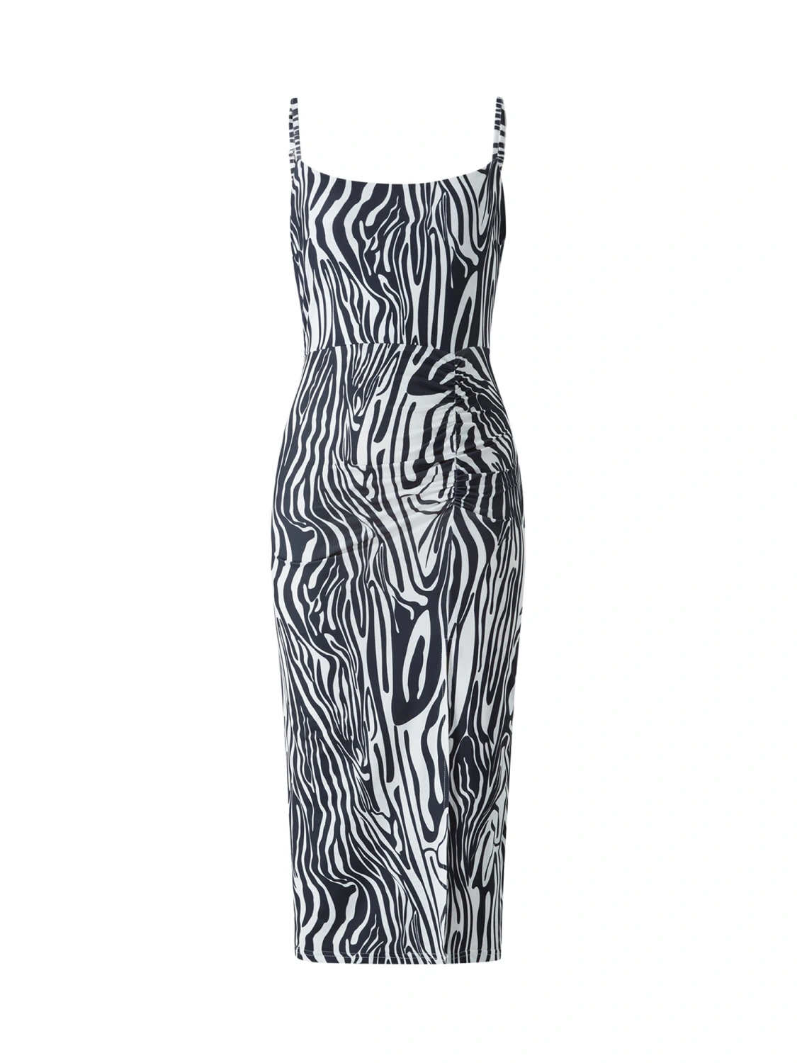 Women Sling Midi Dress Spaghetti Strap Low-cut Open Back Split Solid Color/Zebra Printed Ruched Dresses