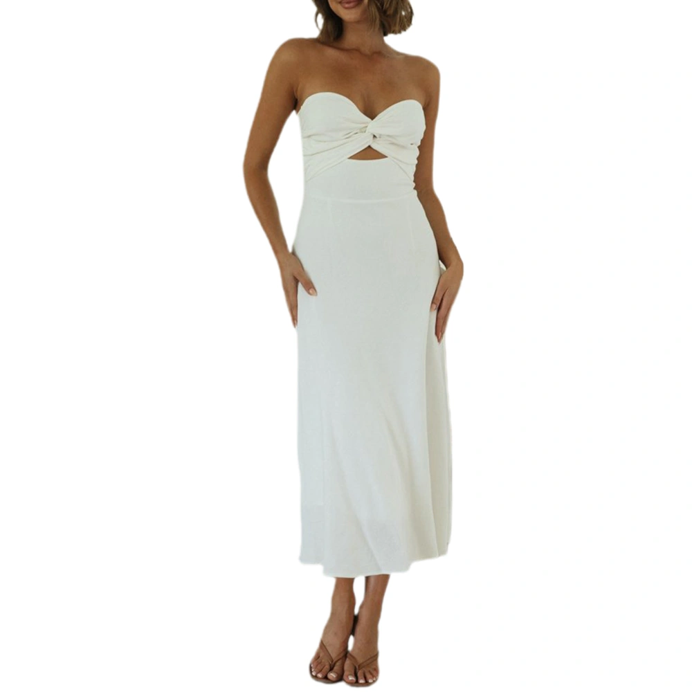 Women’s Tube Tops Midi Dress Fashion Solid Color Knotted Boat Neck Hollow Strapless Dress