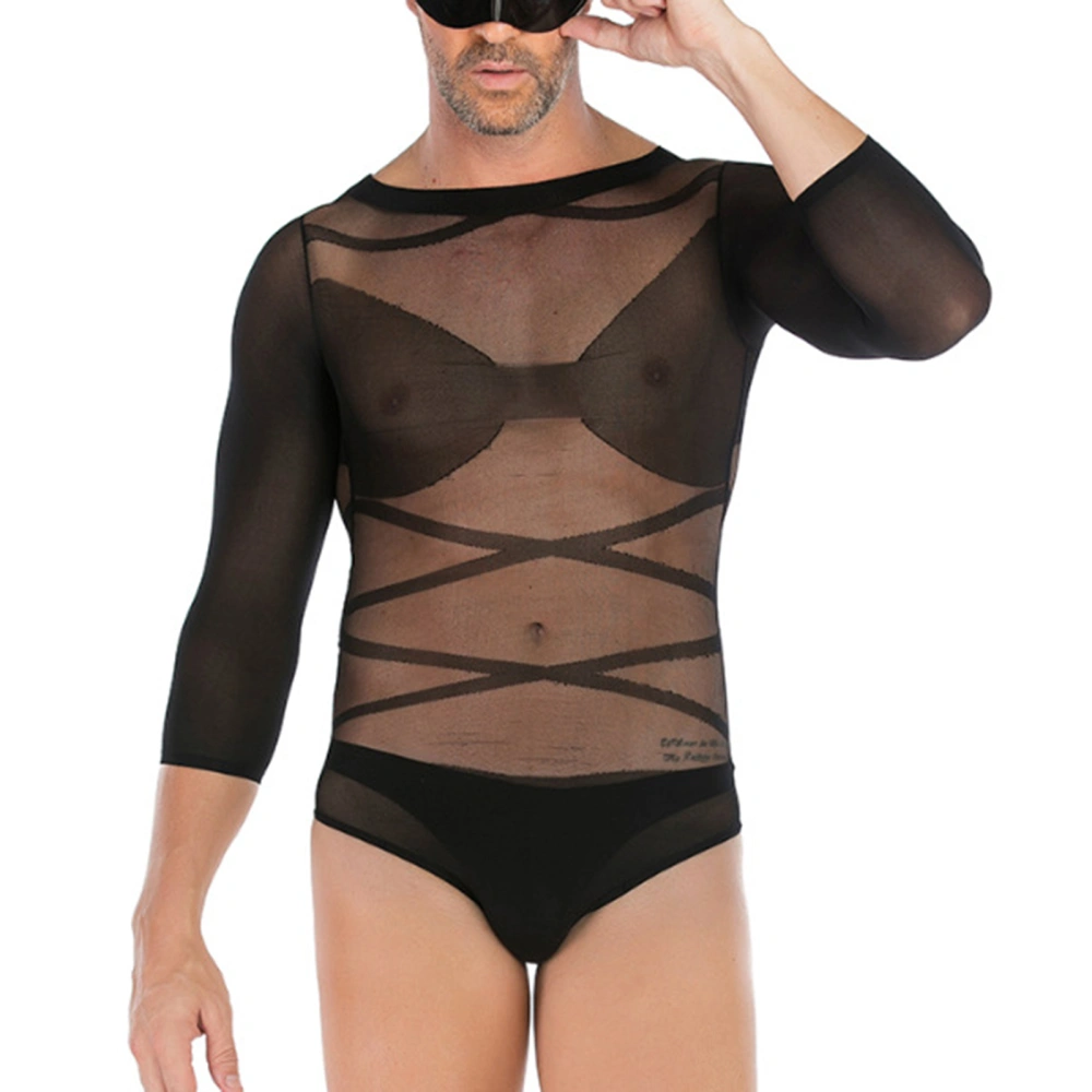 Men Sexy Lingerie Long Sleeve Bodysuit, See-through Mesh Clothing