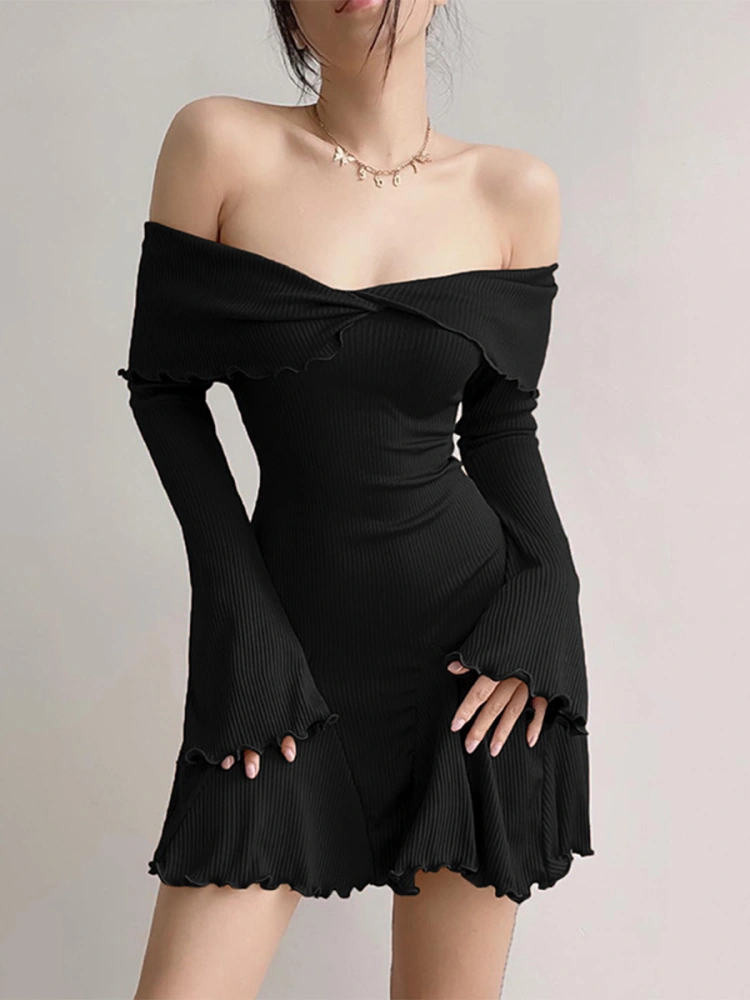 Women Knitting Dresses, Long Sleeve Off Shoulder Solid Color Casual Party Spring Summer Dress