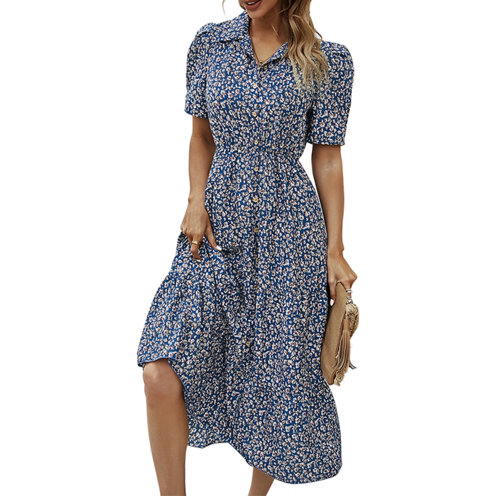 Women Short Sleeve Floral Dress, Single-Breasted Lapel A-Line Dress