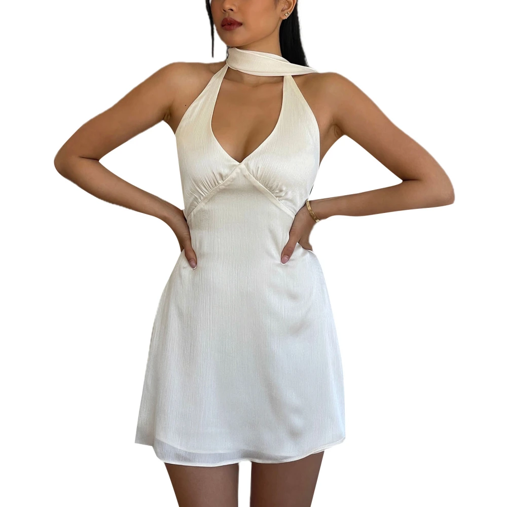 Women's Mini A-Line Dress Casual Sleeveless Backless Halter Neck Solid Color Dress Beachwear with Scarf