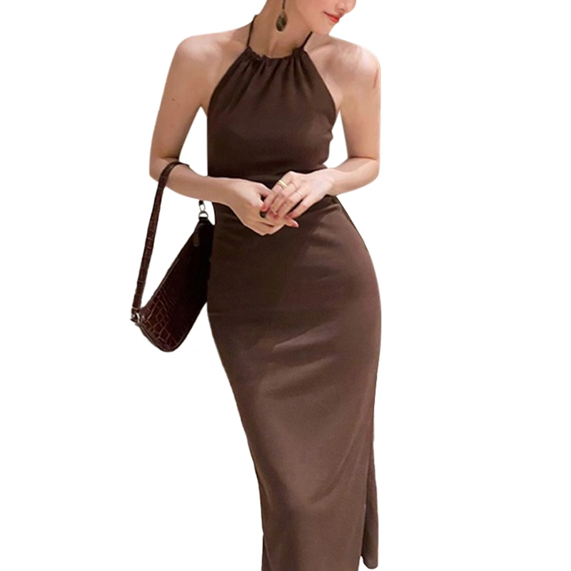 Women's Summer Midi Skinny Dress Solid Color Sleeveless Hanging Neck Bodycon Dress