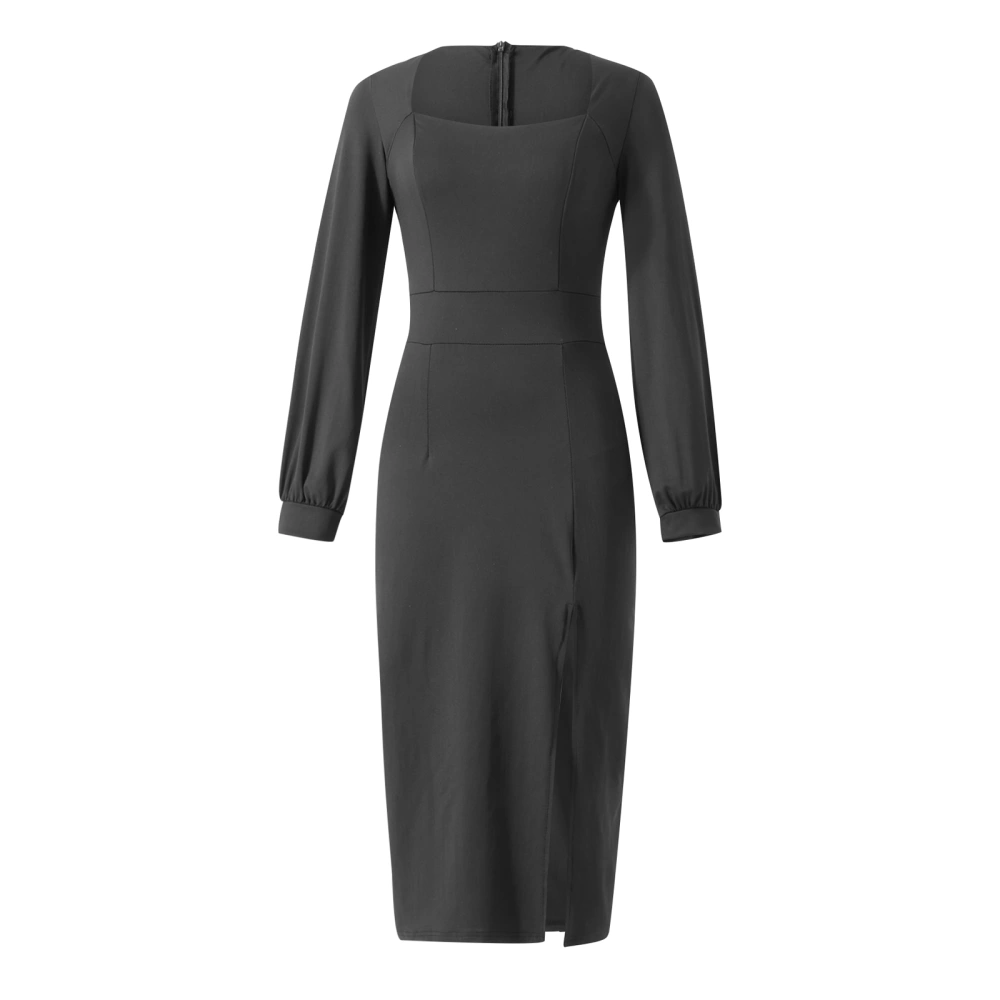 Women's Autumn Elegant Mid-Length Dress, Solid Color Lantern Long Sleeve Square Neck Slit Hem Bodycon Dress