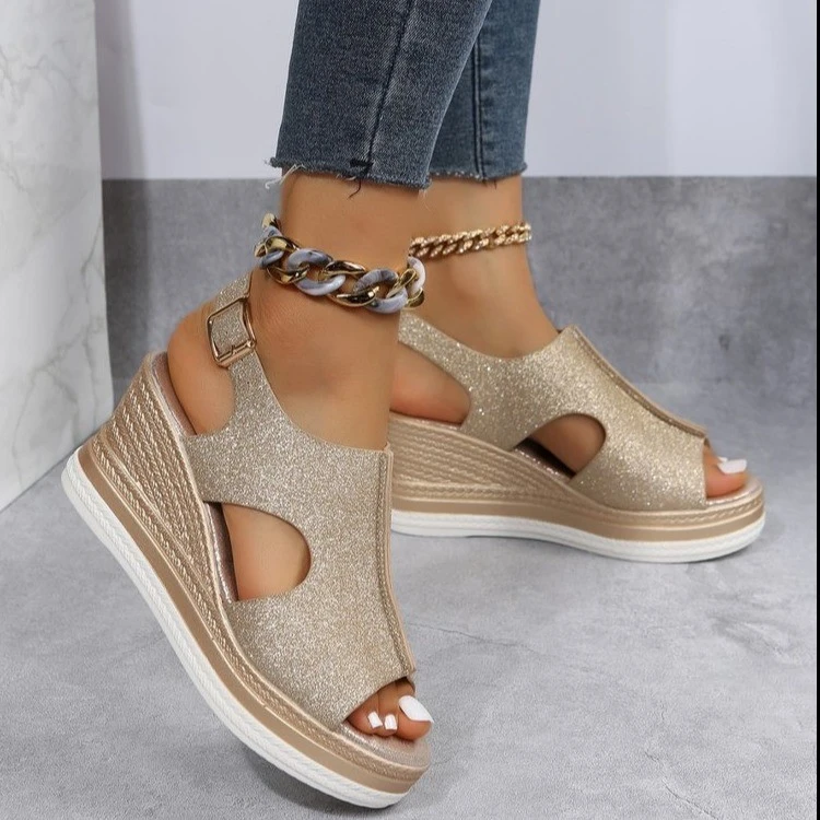 Roman Style Sloping Heel Thick Sole Hollow Fish Beak Sandals