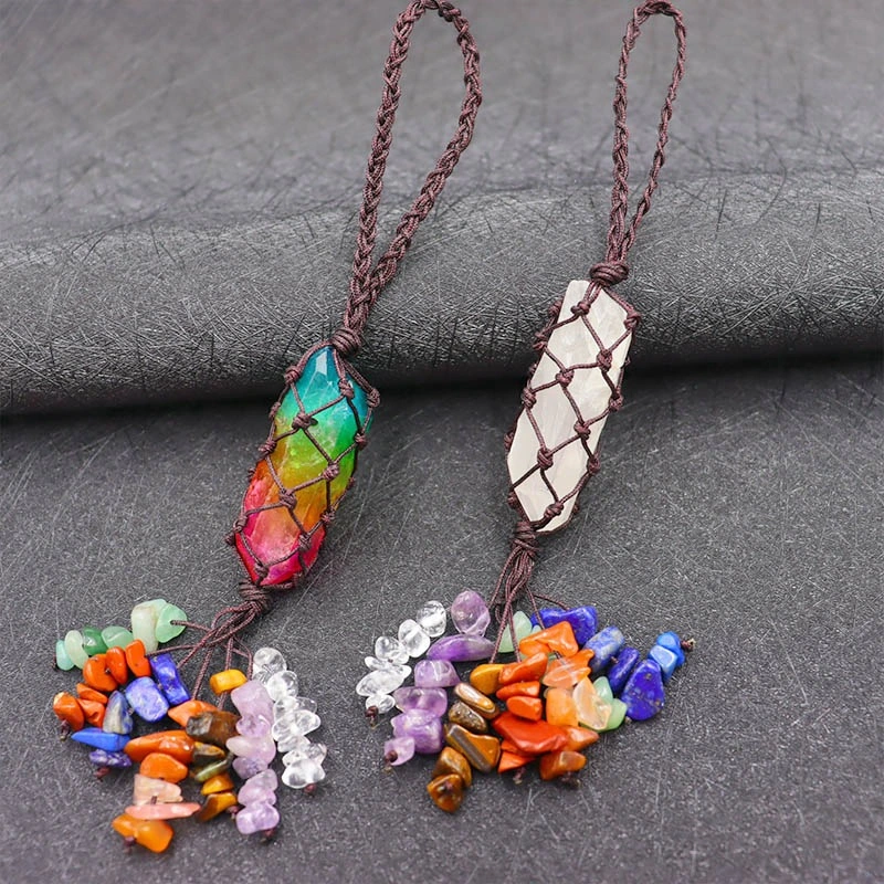 Woven Hexagon Prism Yoga Stone Car Hanging Tassel Pendant