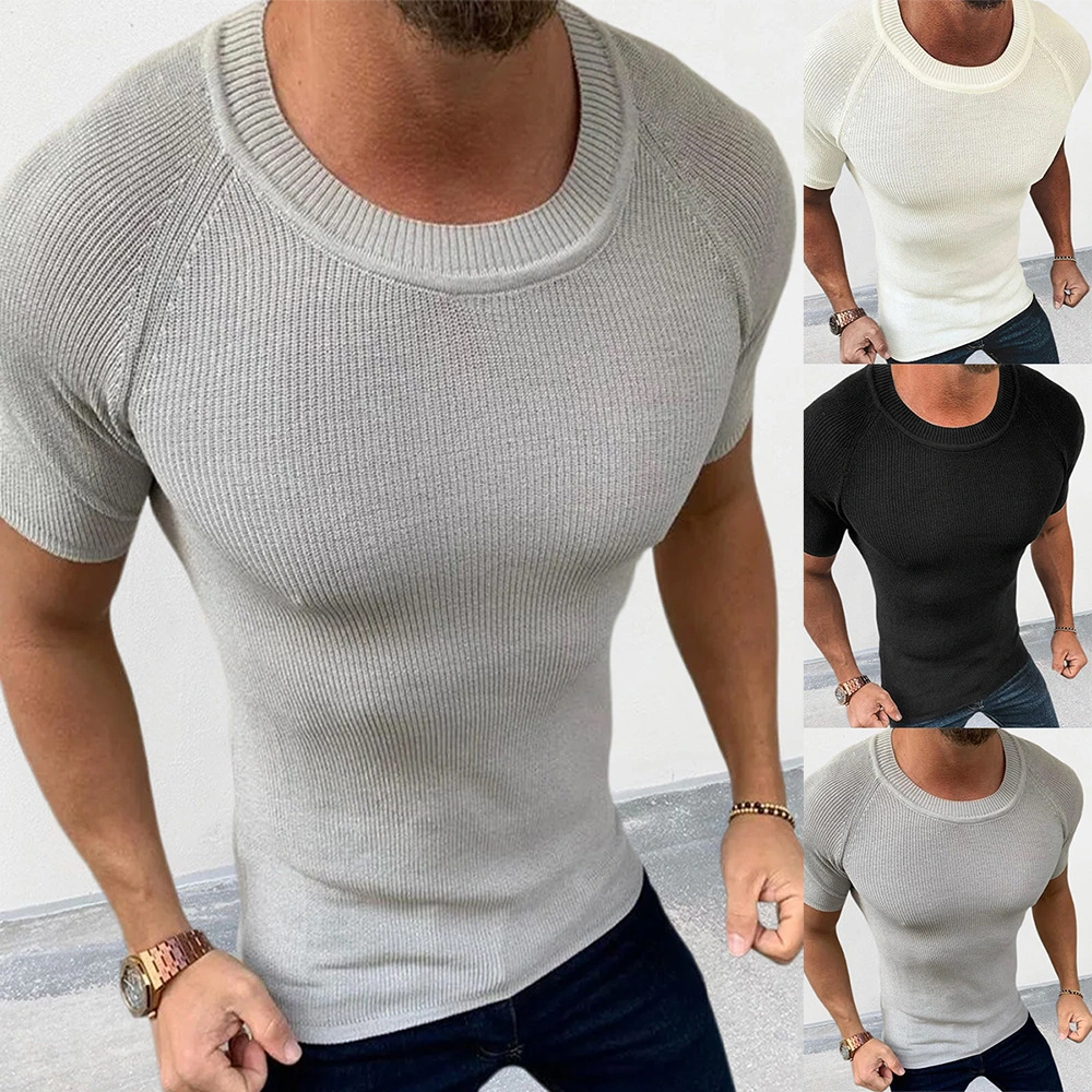 Men's Fashion Solid Color Slim-fit Short-sleeved Pullover Sweater Top