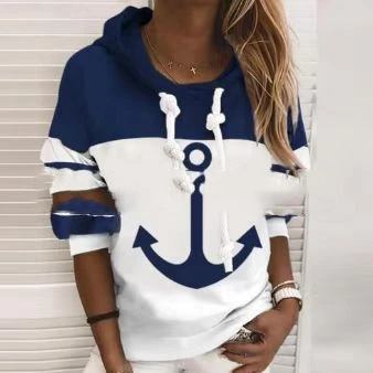 Striped Boat Anchor Printed Hood Women's Outdoor Clothing