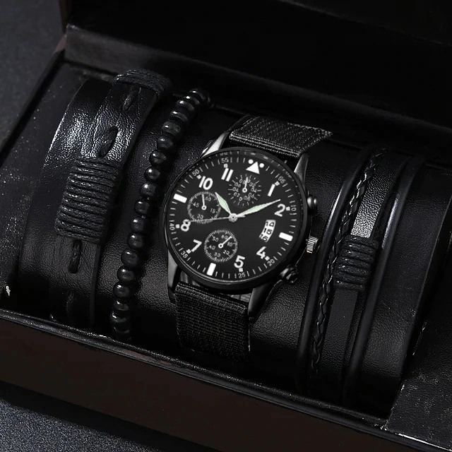 Single Calendar Fake Three-eye Canvas Quartz Watch Pu Bracelet Set