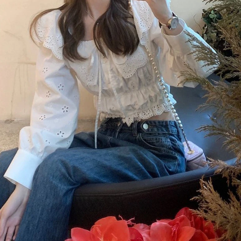 White French Style Shirt Women's Long Sleeve Doll Collar