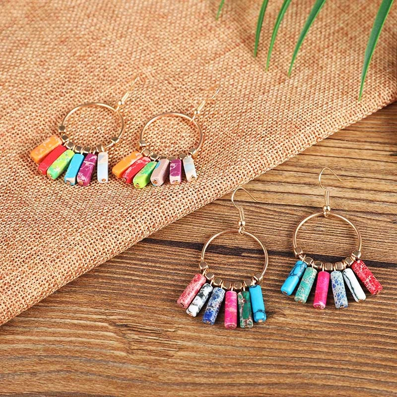 Bohemian Large Hoop Earrings Colorful Natural Turquoise Pendant Hoop