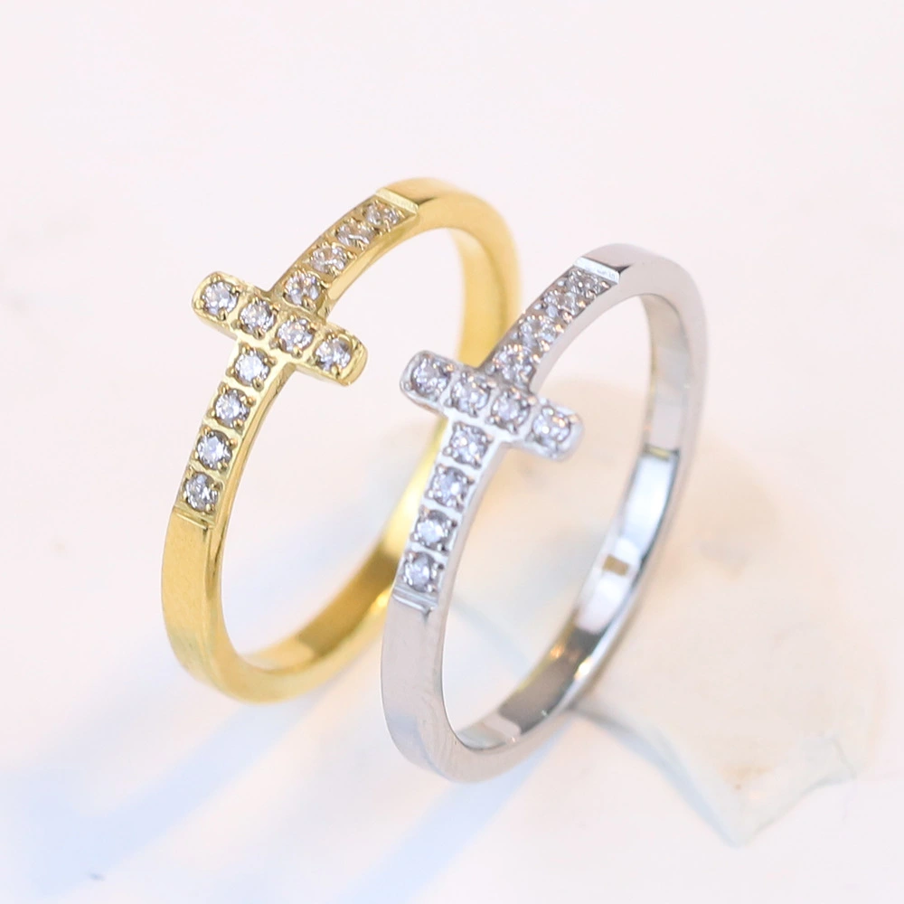 Simple Style Diamond 304 Titanium Steel Cross Ring Female Temperament Wild Vintage