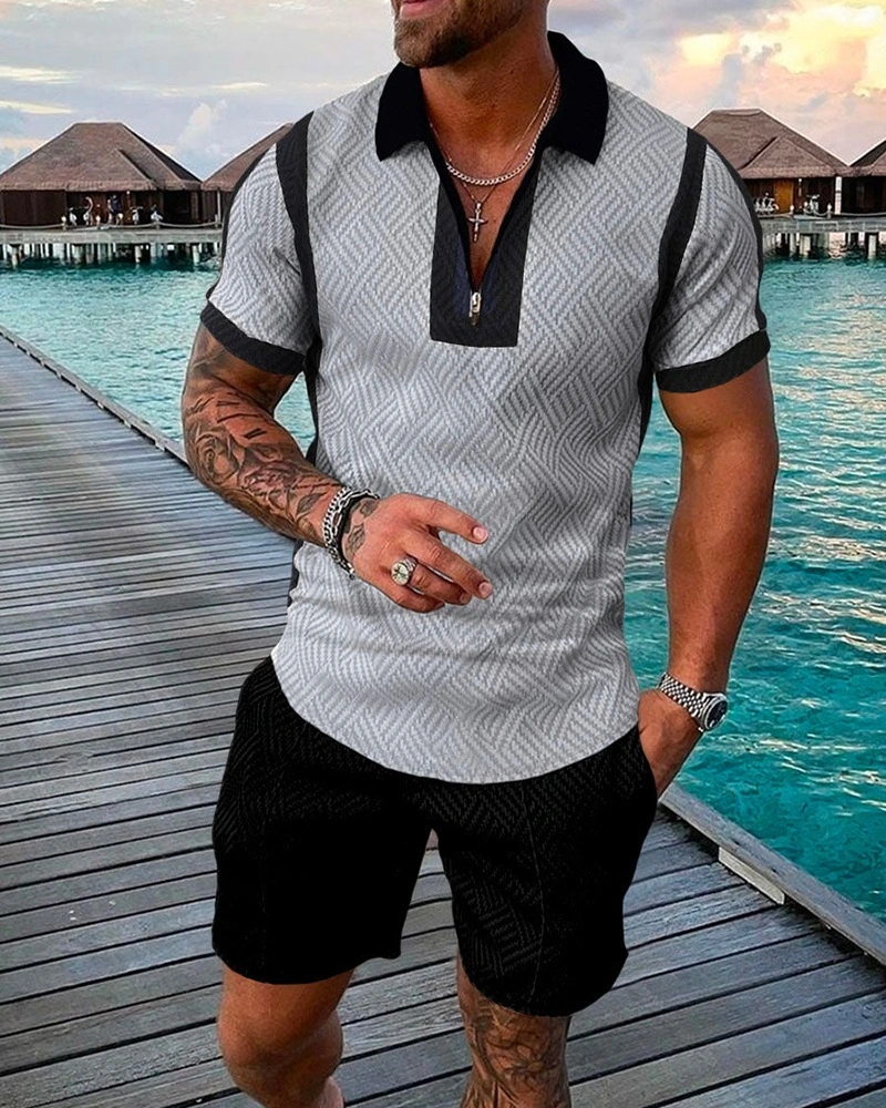Men's Striped Casual Print Lapel Zipper Two-Piece Suit