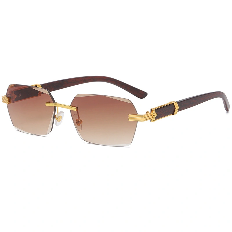Irregular Metal Sunglasses With Wood Grain Temples