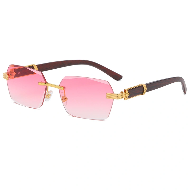 Irregular Metal Sunglasses With Wood Grain Temples