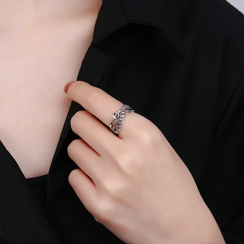 Sterling Silver Chain Stitching Cross Irregular Ring