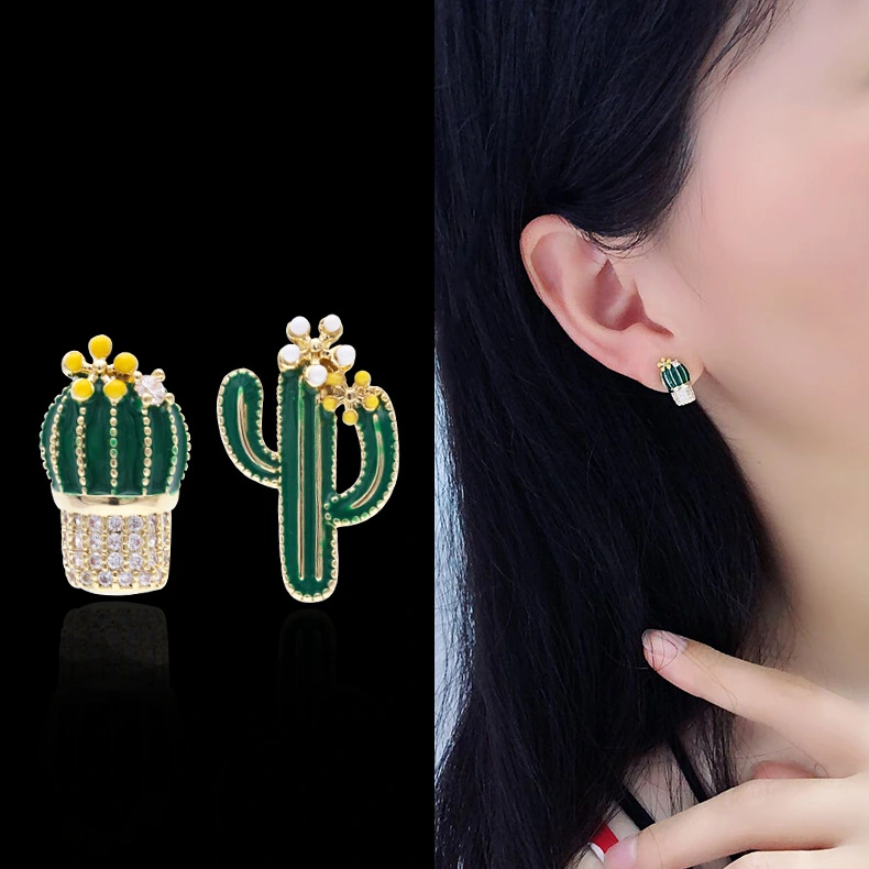 Asymmetric Cactus Stud Earrings Female Zircon Ornament