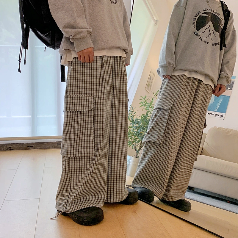 Wide Leg Big Pocket New Plaid Casual Pants Fashion