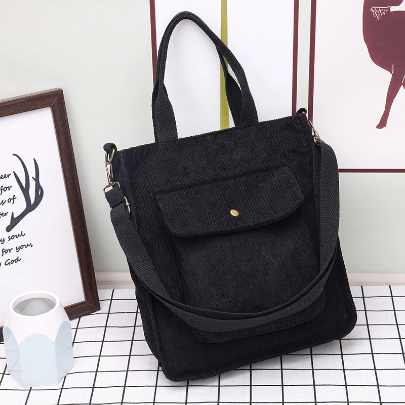 Corduroy Shoulder Bag Women Vintage Shopping Bags Girls Student Bookbag Handbags Casual Tote with Outside Pocket, Black