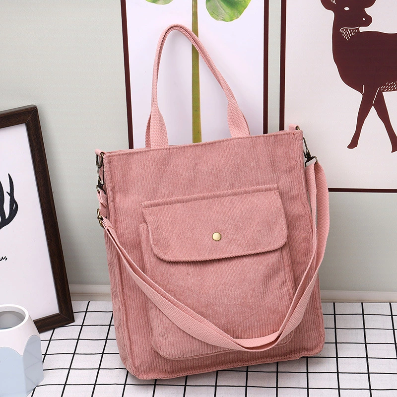 Corduroy Shoulder Bag Women Vintage Shopping Bags Girls Student Bookbag Handbags Casual Tote with Outside Pocket