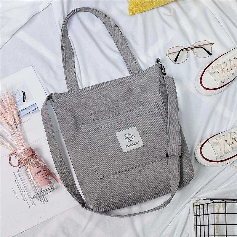 Women Corduroy Zipper Shoulder Bag Ladies Casual Corduroy Tote Soft Crossbody Bags Books Bag Striped Cloth Female Handbag Shopping Bags