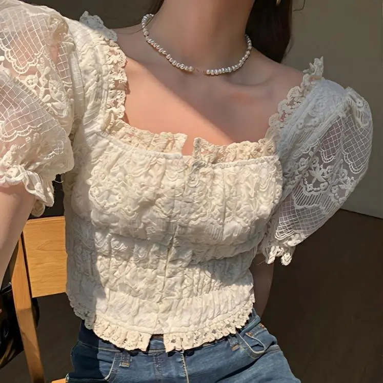 Puff Sleeve White Lace Shirt