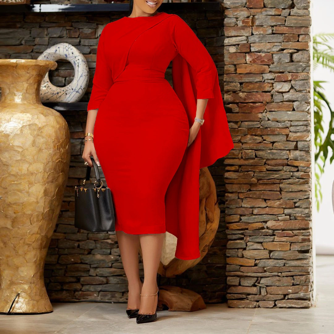 New Temperament Pure Color Ol Package Hip African Plus Size European And American Style Dress