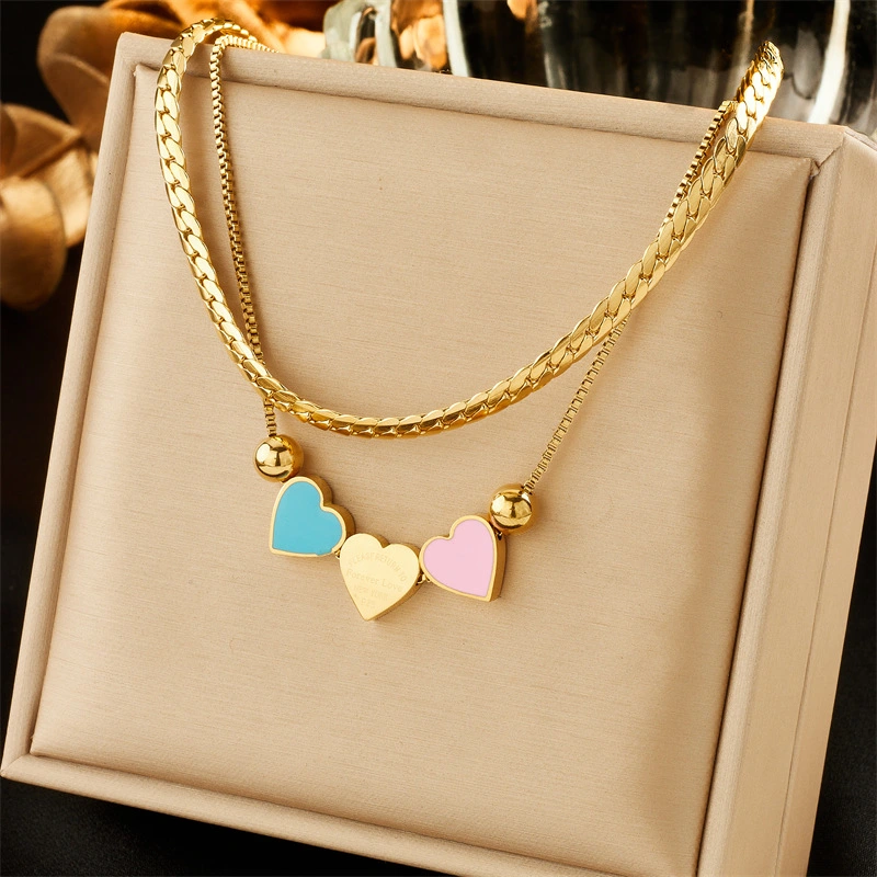 Double Layer Twin Colored Loving Heart Pendant Chain