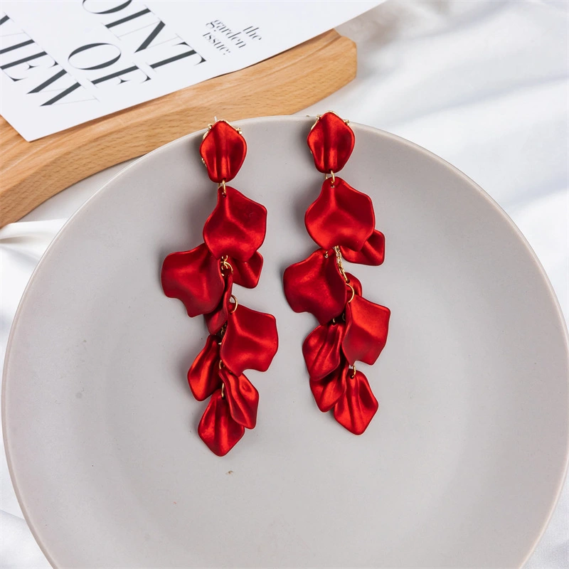 Vintage Red Blue Petal Leaf Long Earrings