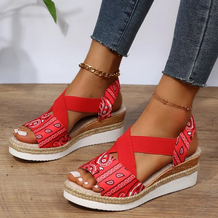 Summer Wedge Sandals Women Fashion Pattern Ankle-strap Buckle Sandals Women