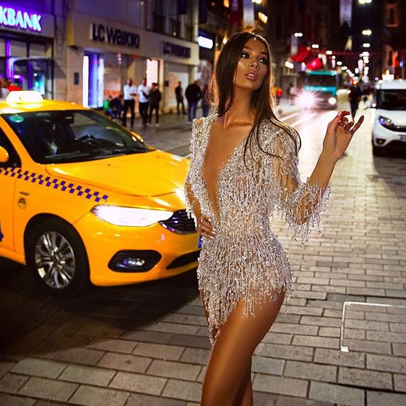 Women's Fashion Elegant Sequins Tassel Deep V Miniskirt