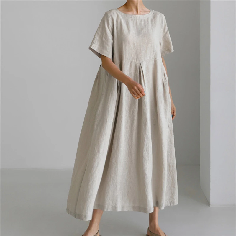 Loose Cotton And Linen Pullover Round Neck Dress