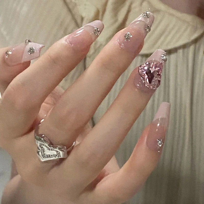 Handmade Love Half French With Diamond Removable Nail Stickers