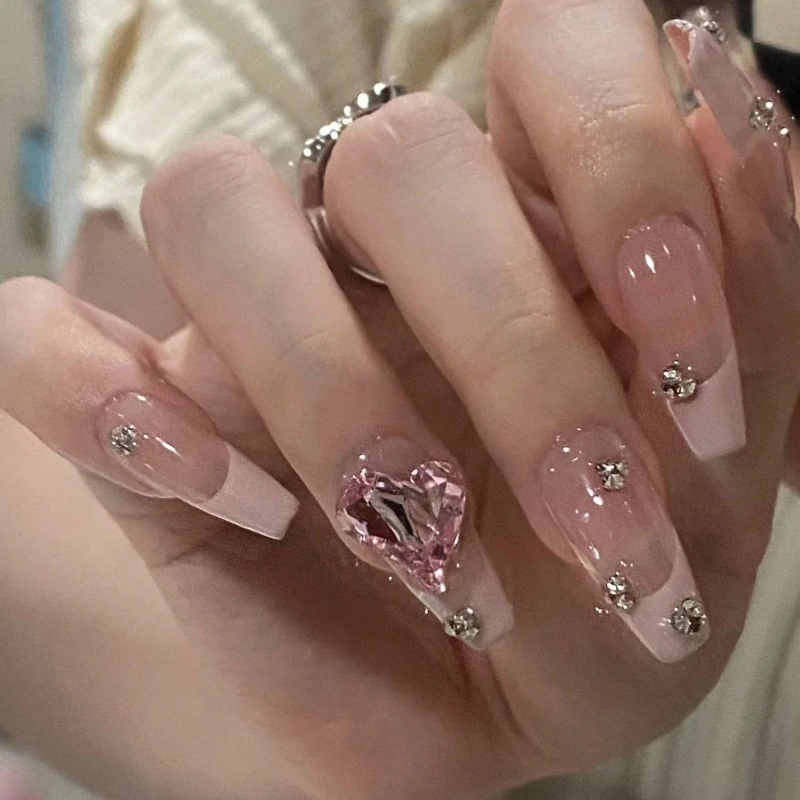 Handmade Love Half French With Diamond Removable Nail Stickers