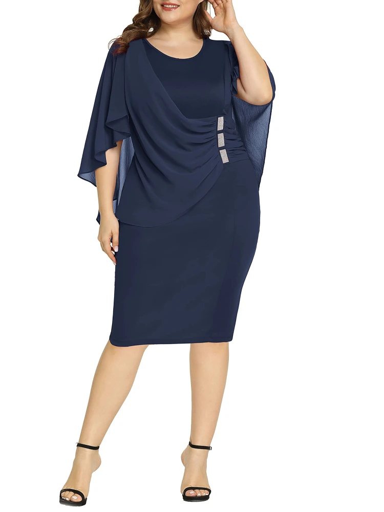 Women's Plus Size 1/2 Sleeve Chiffon Dress with Diamond