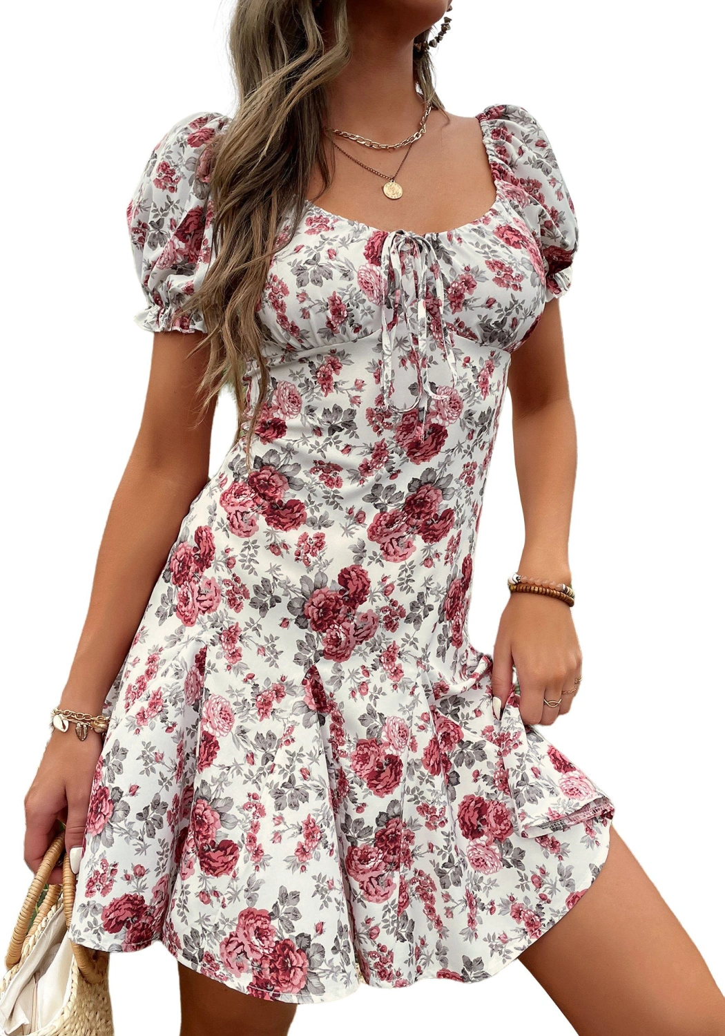 Women's summer mini dress with flowers, beach dress