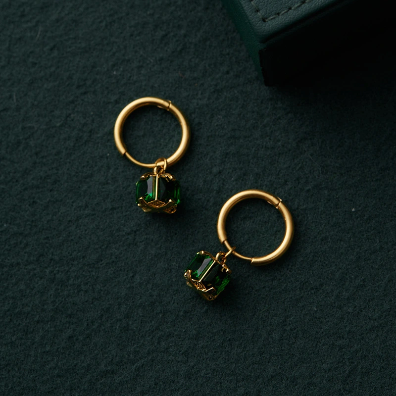 Women's Titanium Steel Gold Plated Emerald Zircon Earrings