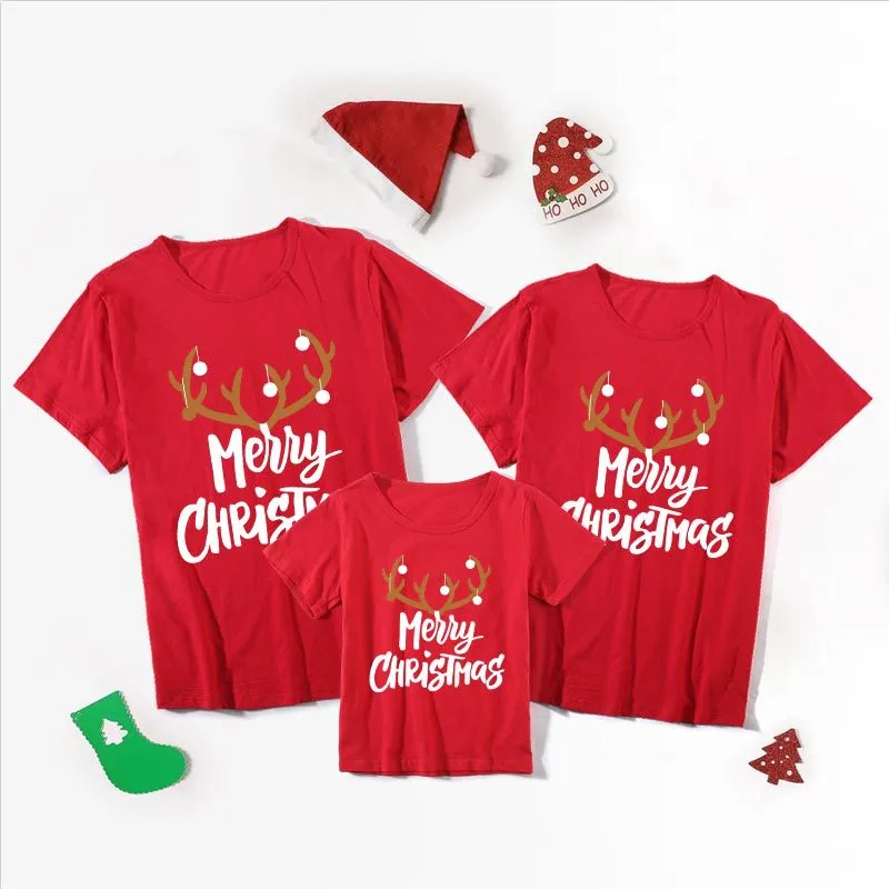 Christmas Elk Cartoon Antlers Letter Parent-child Short Sleeve T-shirt