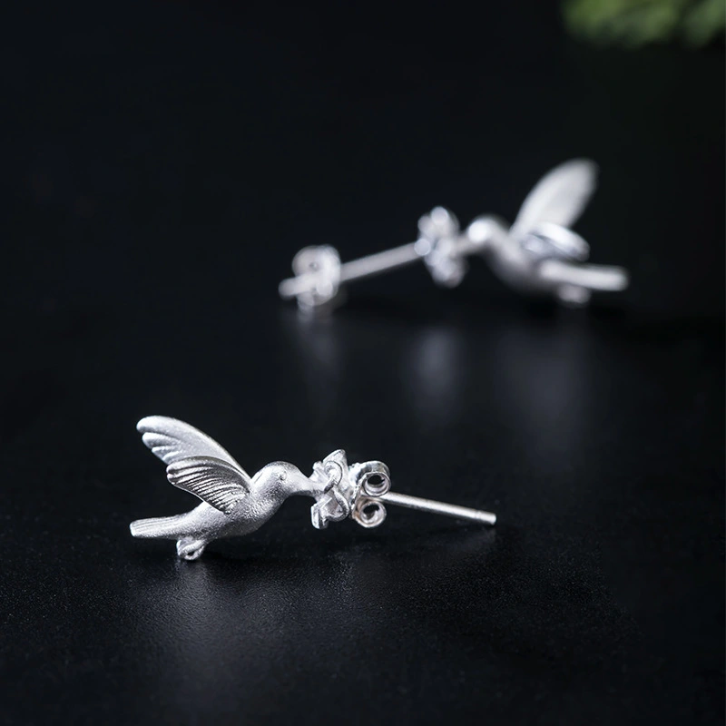 Creative Design Hummingbird Flower Stud Earrings Female S925 Sterling Silver