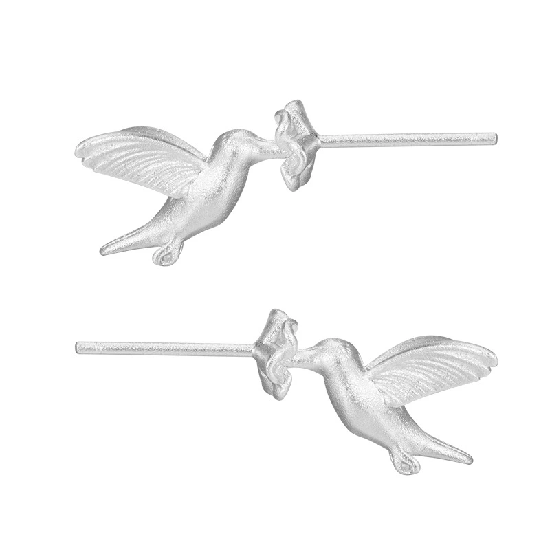 Creative Design Hummingbird Flower Stud Earrings Female S925 Sterling Silver