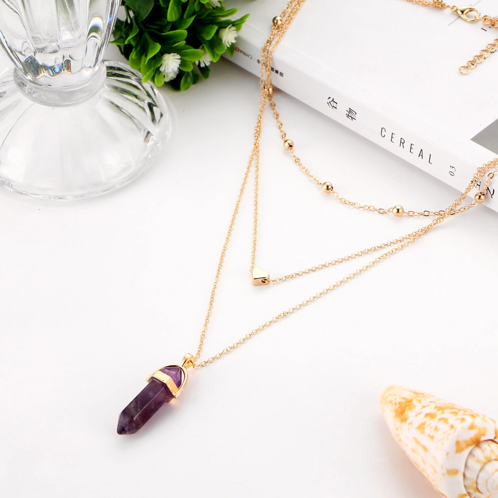 Fashion Copper Peach Heart Crystal Pendant Multi-layer Necklace