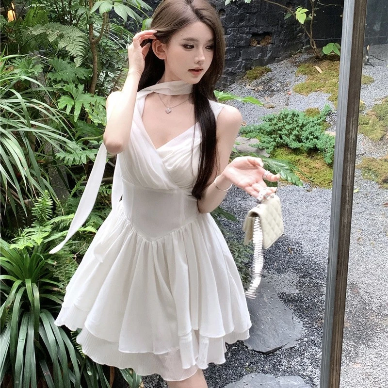 Women's V-neck Chiffon Cinched Mesh Splicing Sling Dress