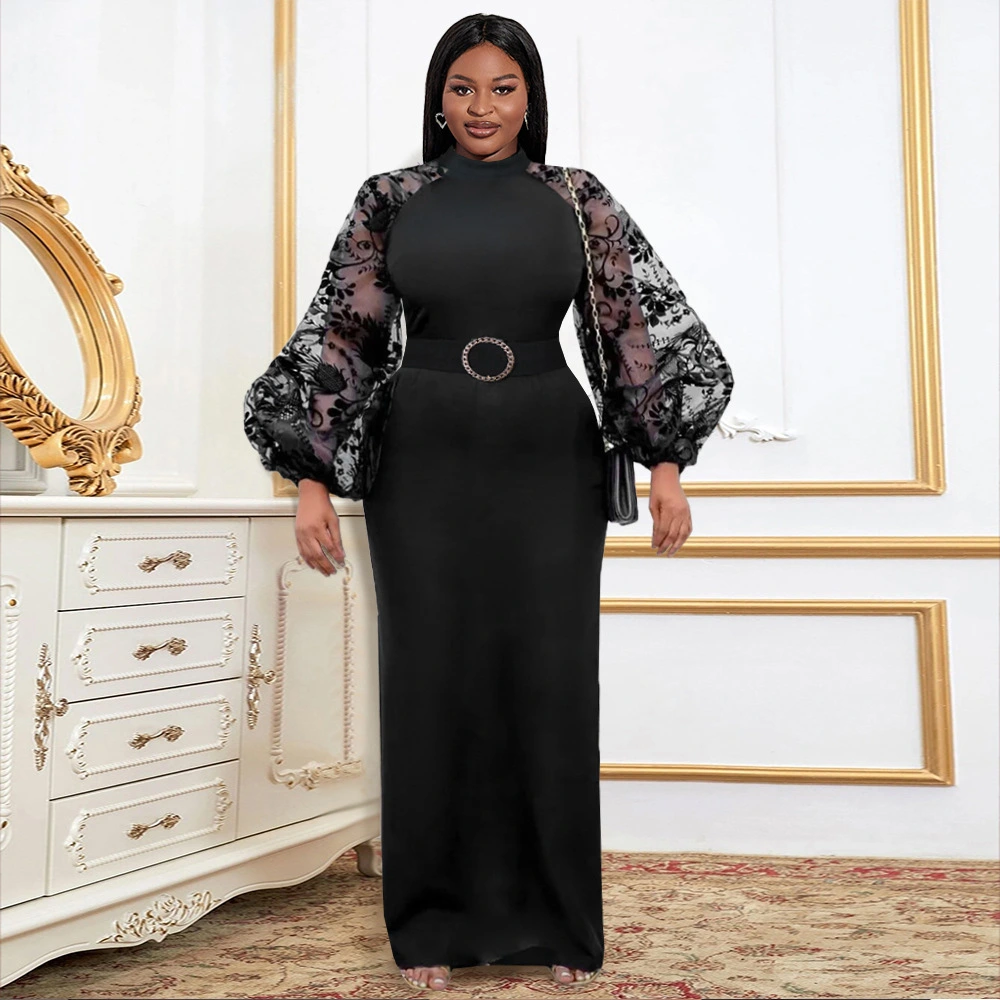 Small Stand Collar Lace Lantern Sleeve Dress