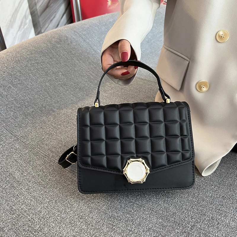 French Minority Crossbody High-grade Embossed Square Plaid Pearl Magnetic Snap Small Square Bag