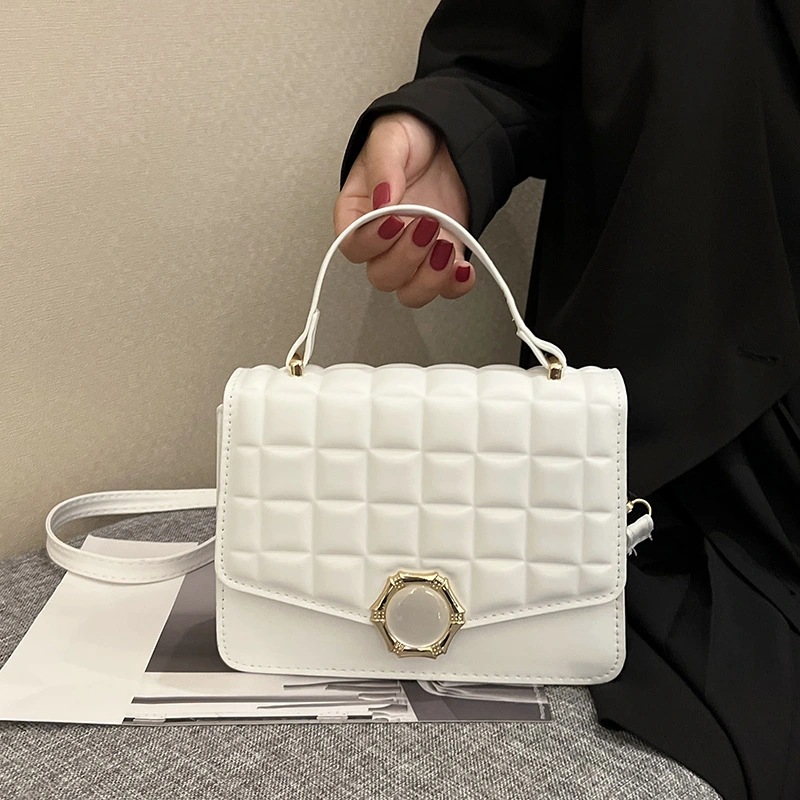French Minority Crossbody High-grade Embossed Square Plaid Pearl Magnetic Snap Small Square Bag