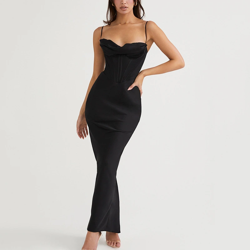Pile Collar Satin Fishbone Pleated Suspender Long Dress