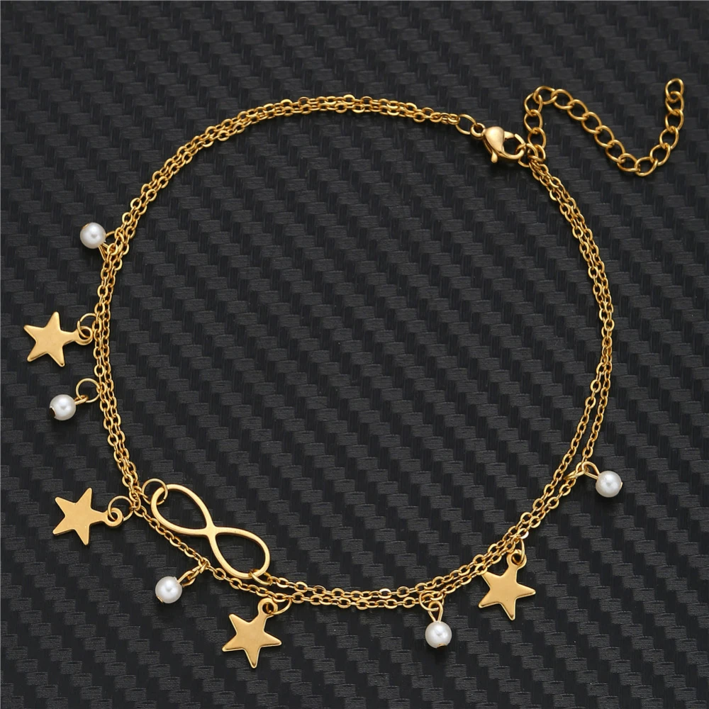 Bohemian Beach Style Personalized Multi-layer Stainless Steel Imitation Pearl 8-word XINGX Tassel Anklet