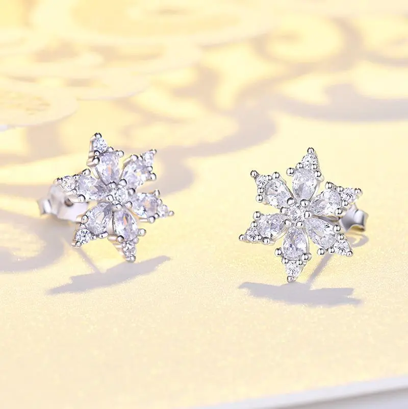 Women's Sterling Silver Six-petal Snowflake Diamond Stud Earrings